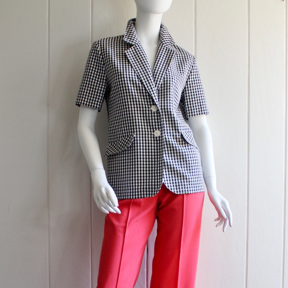 Vintage Gingham Plaid Blazer Short Sleeves Black White 1980s 1990s